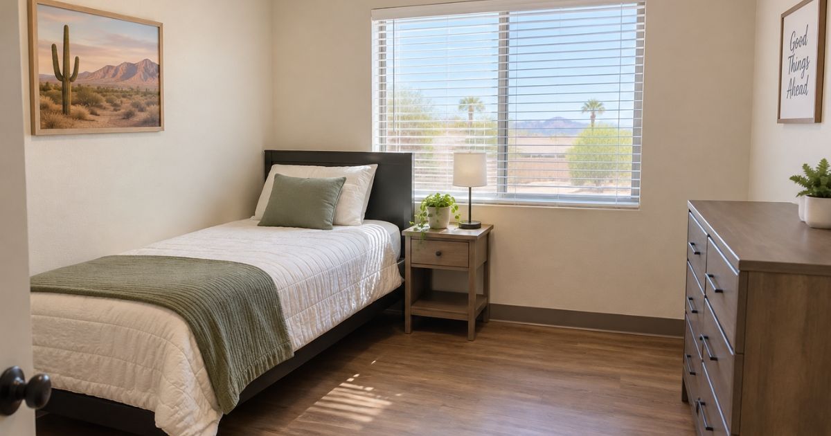 Empty resident bedroom in an Arizona group home