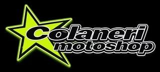 Logotipo de Colaneri Motoshop con estrella verde neón y texto blanco en cursiva sobre fondo negro.