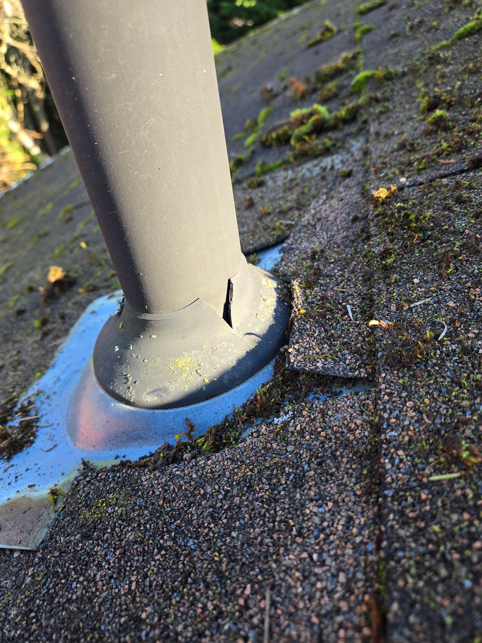 Close-up of a damaged, cracked rubber plumbing vent boot on a weathered, mossy shingled roof.