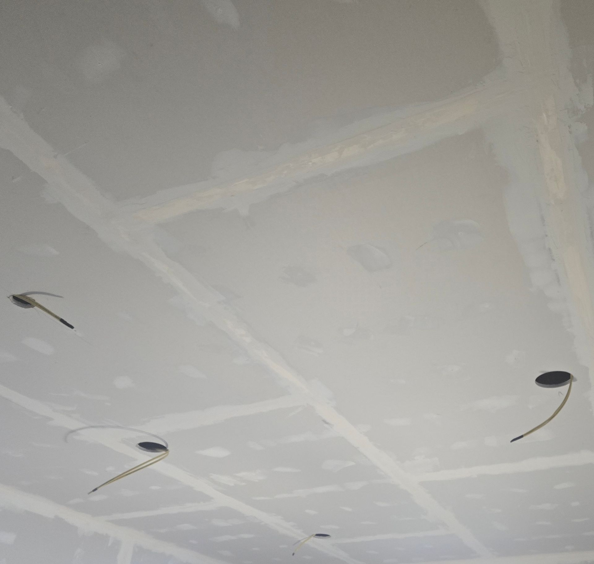 A drywall ceiling with taped seams, visible screw heads, and electrical wires hanging from recessed light openings.