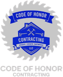 Logo for Code of Honor Contracting: blue house-shaped shield with crossed hammers over a grey circular saw blade.