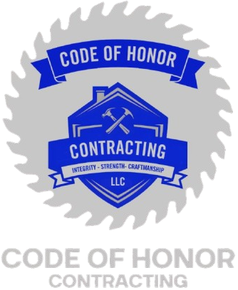 Logo for Code of Honor Contracting: blue house-shaped shield with crossed hammers over a grey circular saw blade.