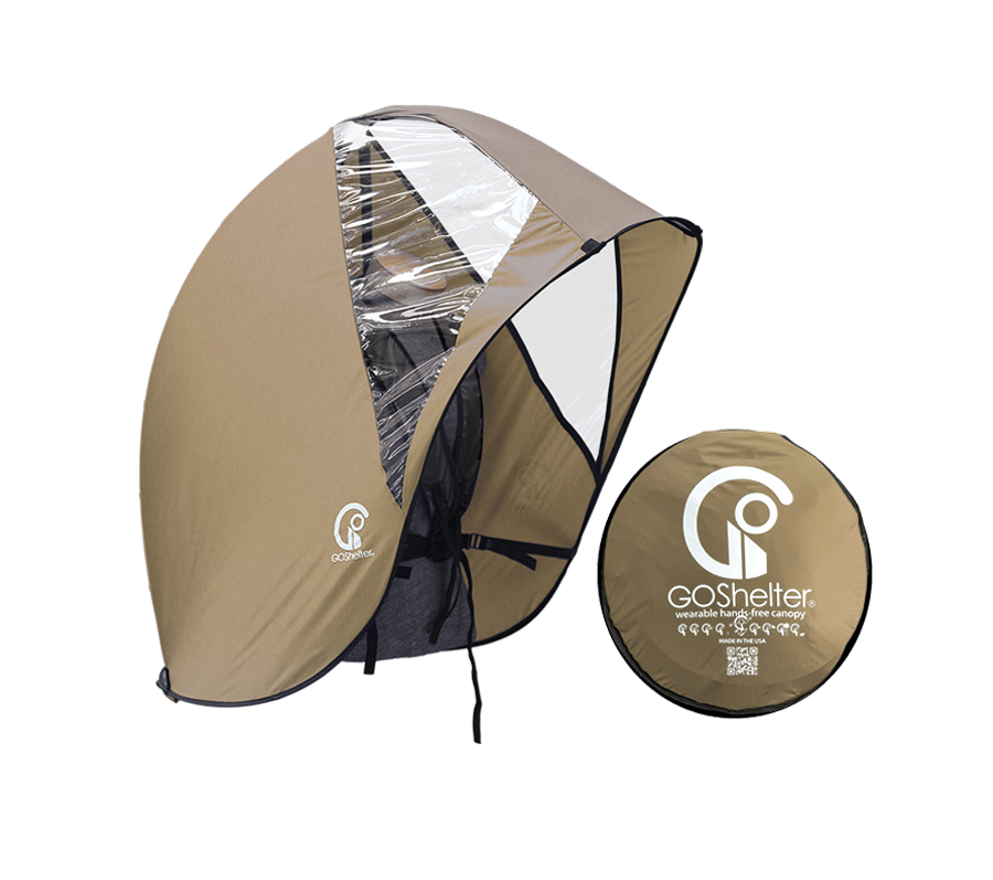 Tan GOShelter Wearable Hands-Free Canopy for rain protection and sunshade and a folded version on white background.