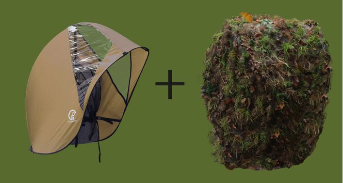 A pop-up GOShelter and a 3D Ghillie Skin camouflage blind combined on a green background.