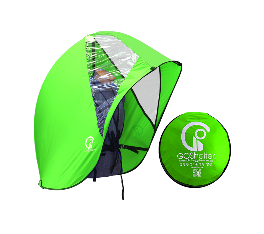 Green GOShelter Wearable Hands-Free Canopy for rain protection and sunshade: Portable, pop-up shelter with clear window, and carrying case on white background.