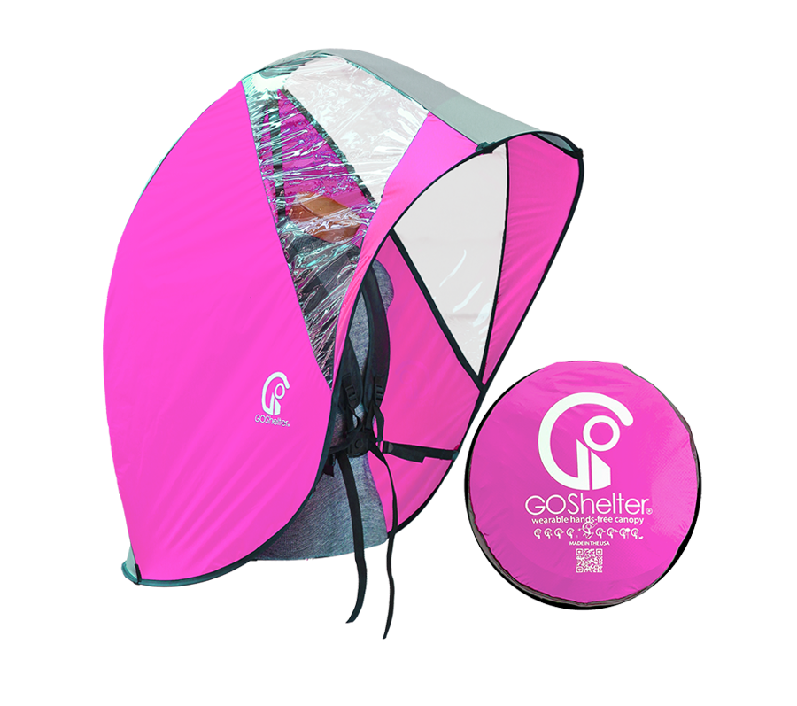 Hot pink and grey GOShelter Wearable Hands-Free Canopy for rain protection and sunshade, open and folded, with white logo on both.