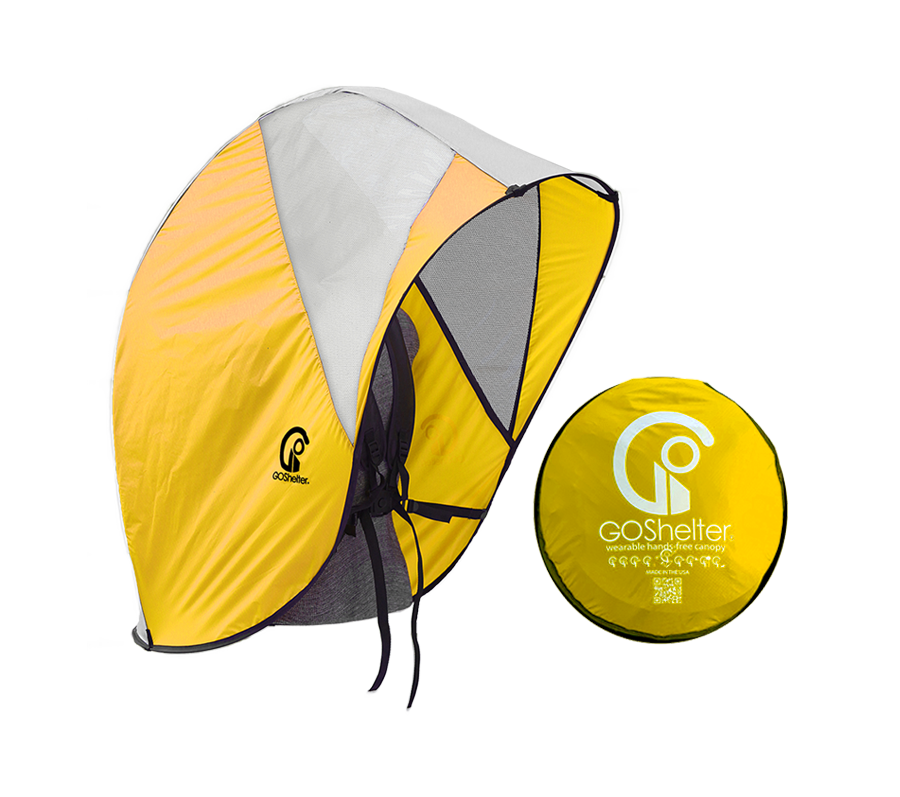 Yellow GOShelter Shade Wearable Hands-Free Canopy for rain protection and sunshade with sunscreen privacy film open and collapsed, with logo.