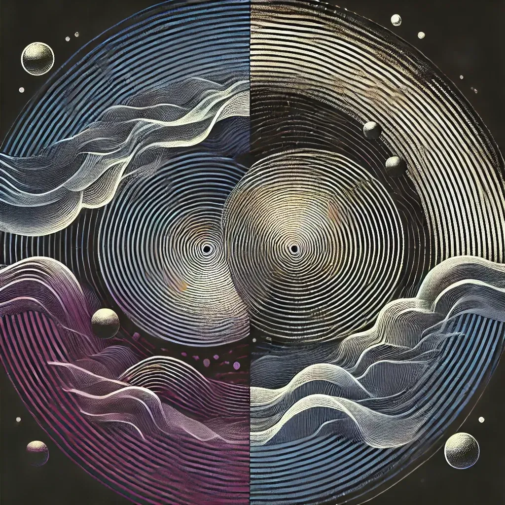 A painting of a circle with waves and planets in it.
