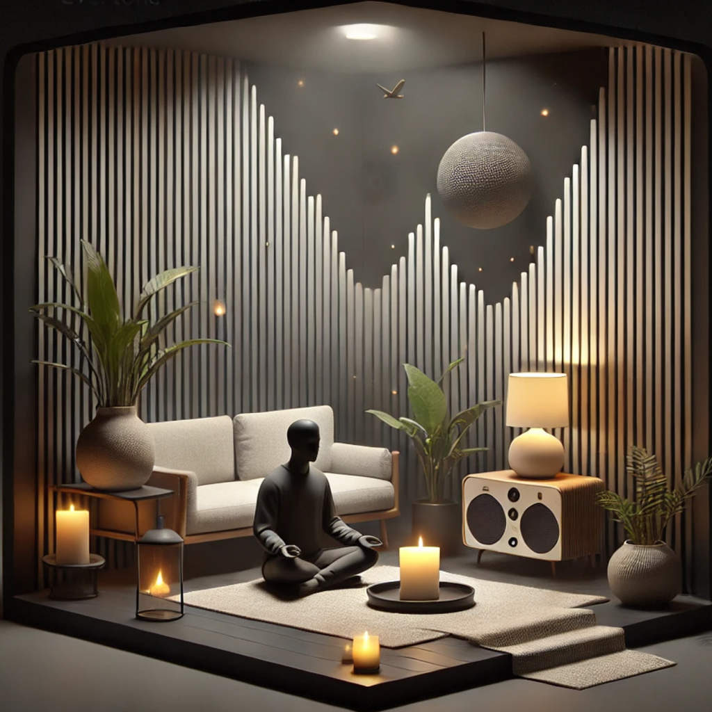 A man is sitting in a lotus position in a living room with candles.