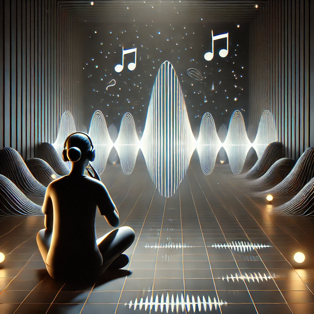 A woman is sitting in a lotus position in front of a sound wave.