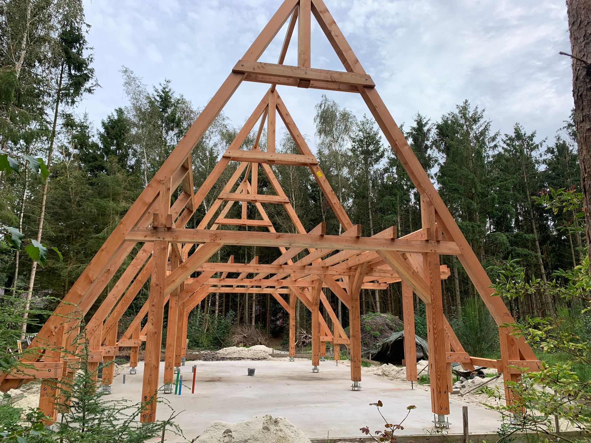 Midden in een bos wordt een houten constructie gebouwd.