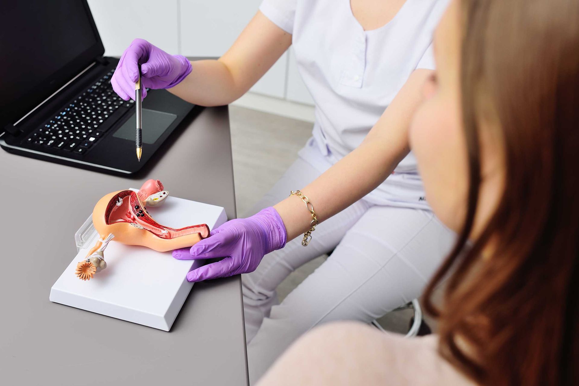 Healthcare provider uses a uterus model to explain reproductive anatomy during a consultation.