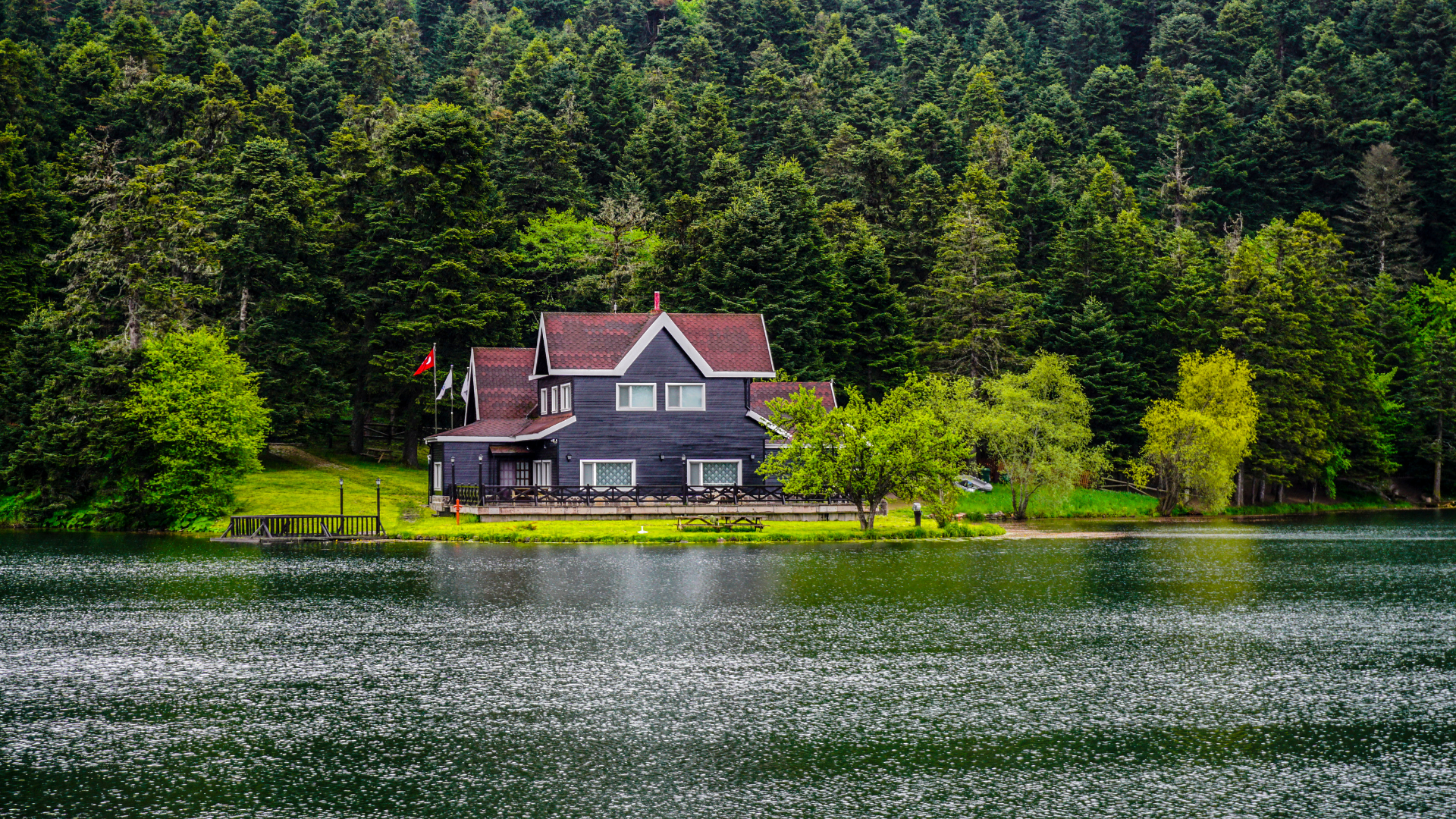 A house is sitting on a small island in the middle of a lake surrounded by trees.