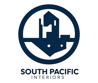 A red , white and blue logo on a white background.