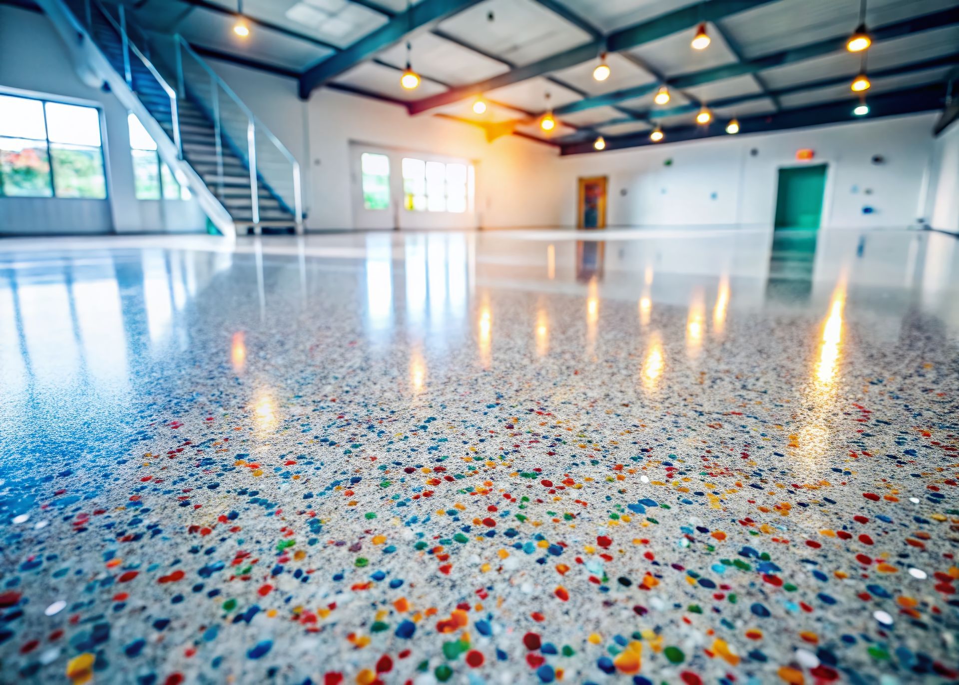 Sol en béton poli avec agrégat coloré dans un espace industriel lumineux et ouvert.