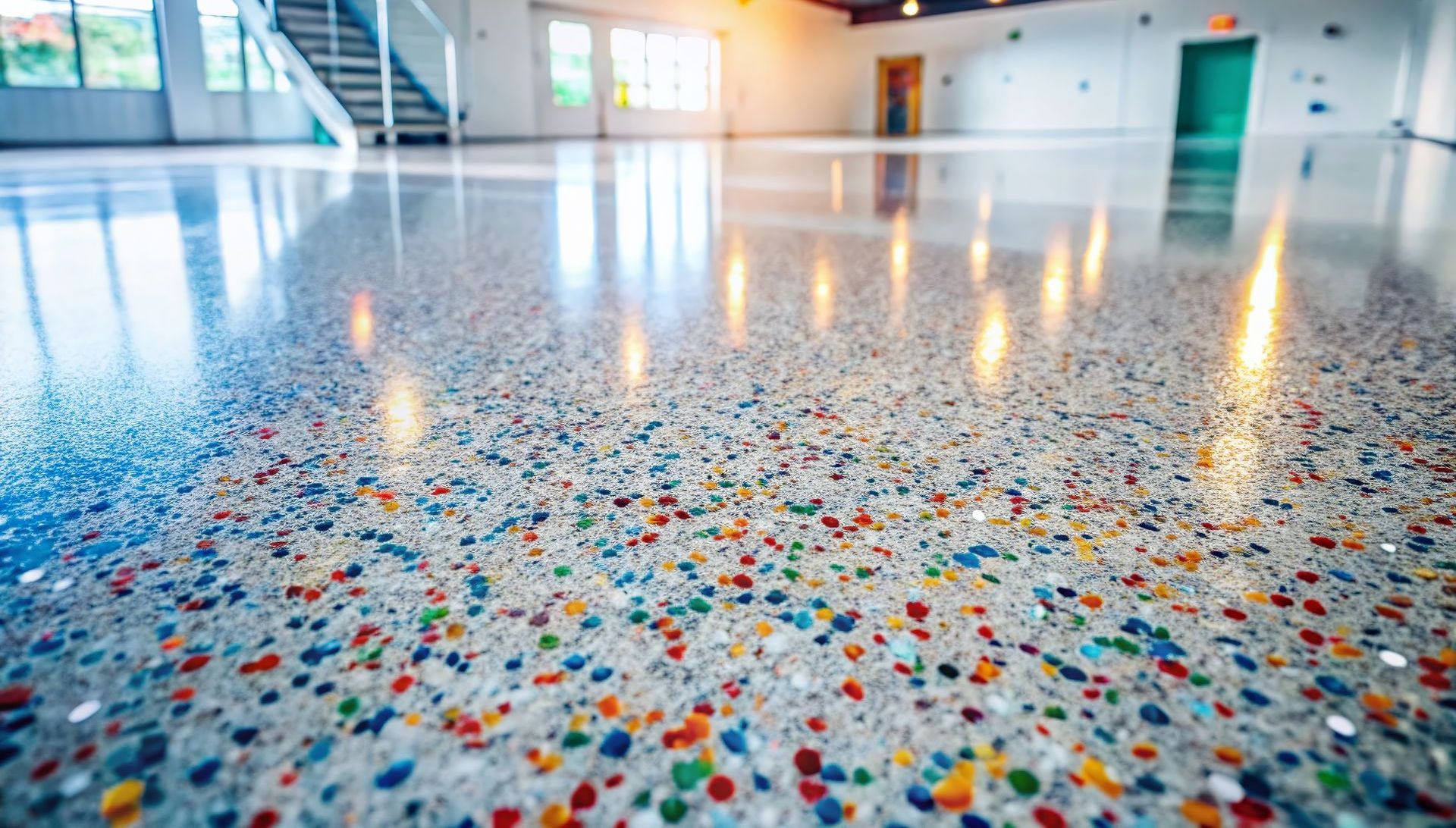 Sol en époxy brillant de couleur, offrant une finition lisse et moderne dans un espace intérieur