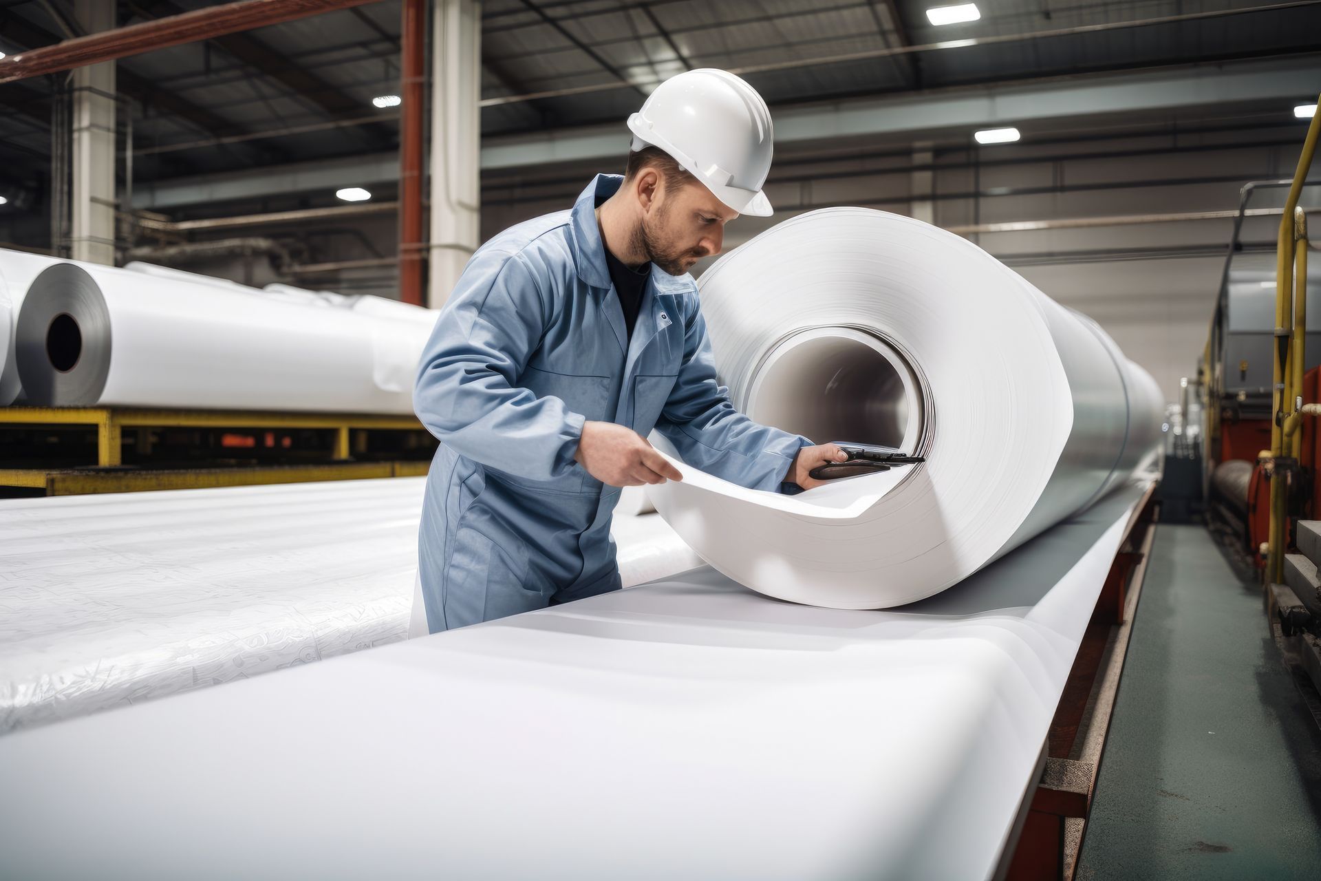Un homme travaille sur un rouleau de papier dans une usine.