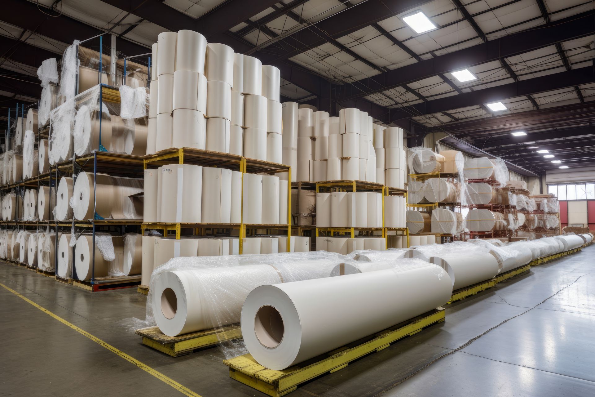 Un grand entrepôt rempli de nombreux rouleaux de papier.