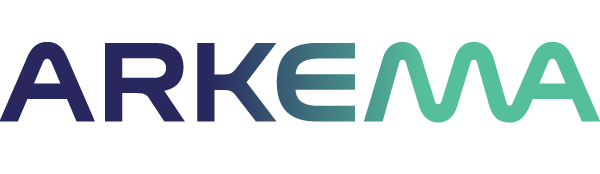 Le mot arkema est écrit en bleu et vert sur fond blanc.