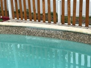 Curved swimming pool with turquoise water and a mosaic-tiled edge beside a wooden fence