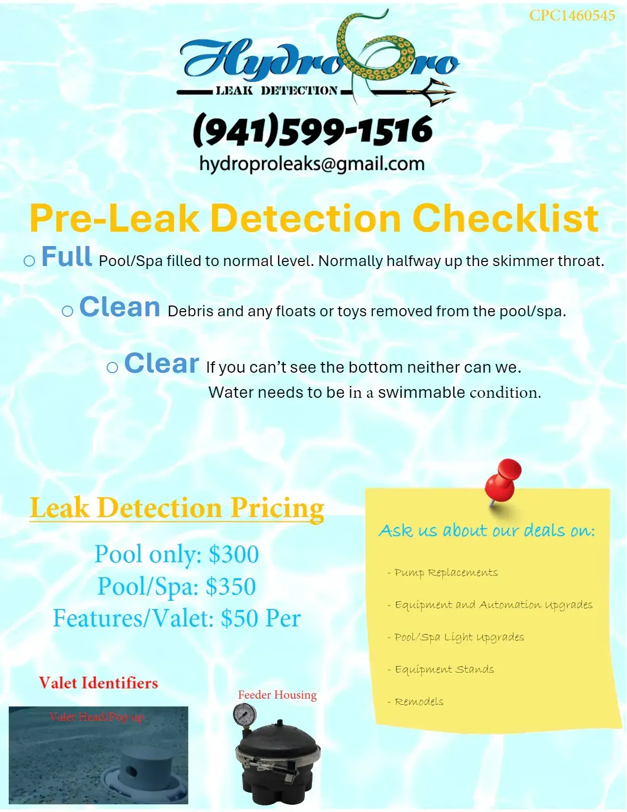 Flyer for leak detection services with contact info, pricing, and pool repair details on a blue background