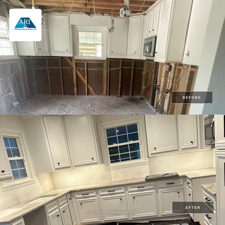 Before-and-after kitchen renovation with white cabinets and updated backsplash.