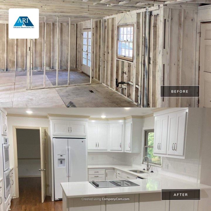 Kitchen renovation before-and-after: exposed framing above, finished white kitchen below.
