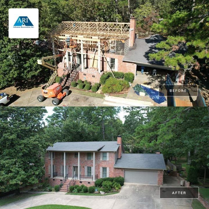 Before-and-after aerial view of a brick house roof renovation, with exposed framing above and finished roof below
