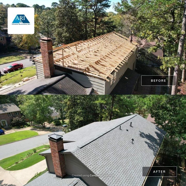 Roof replacement before-and-after: exposed wood sheathing above, finished gray shingle roof below.