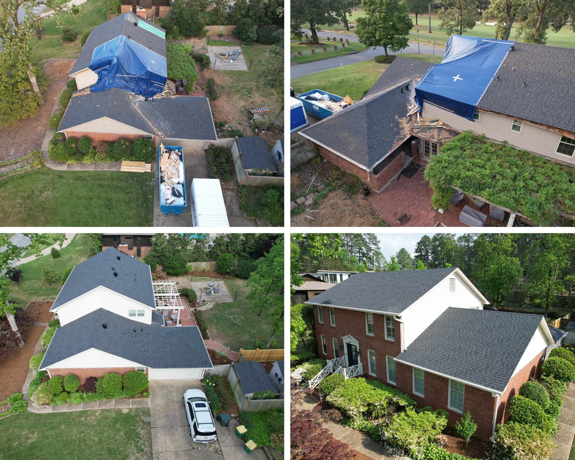 Aerial view of four house roof comparisons, two with blue tarp repairs and two with dark shingle roofs.