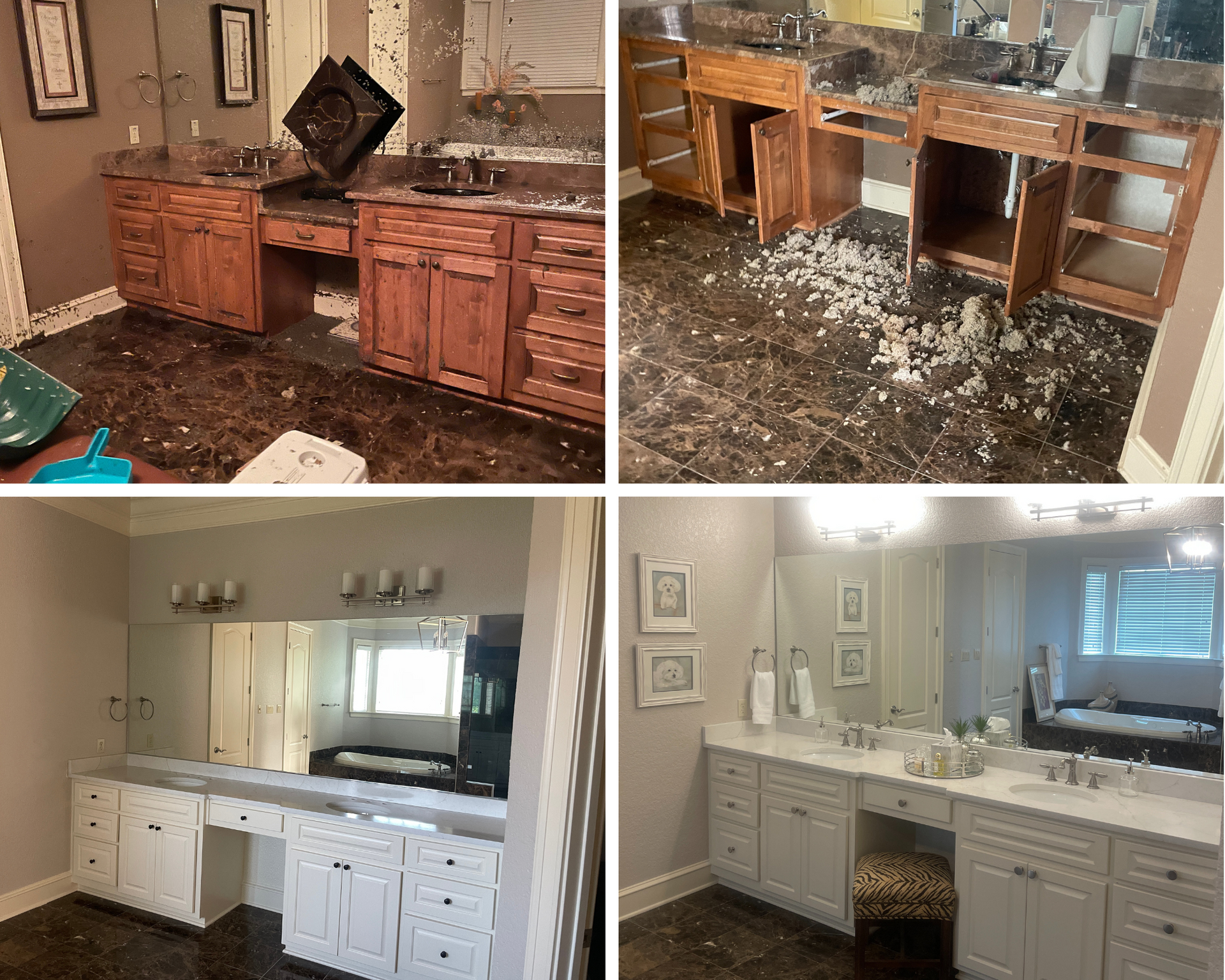 Kitchen before-and-after renovation collage showing damaged and updated white cabinetry and countertops