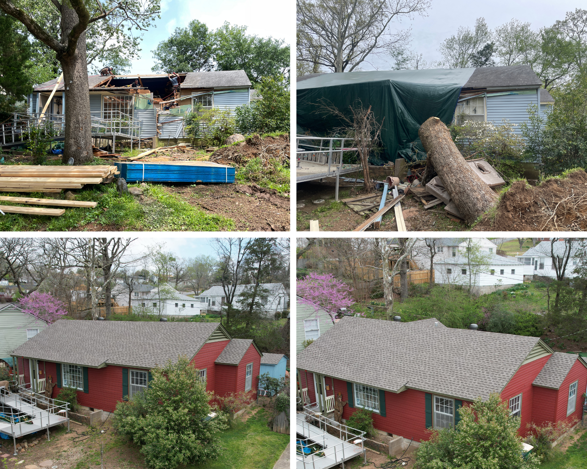 Four-panel view of a storm-damaged yard and red house with fallen tree limbs and tarp-covered debris