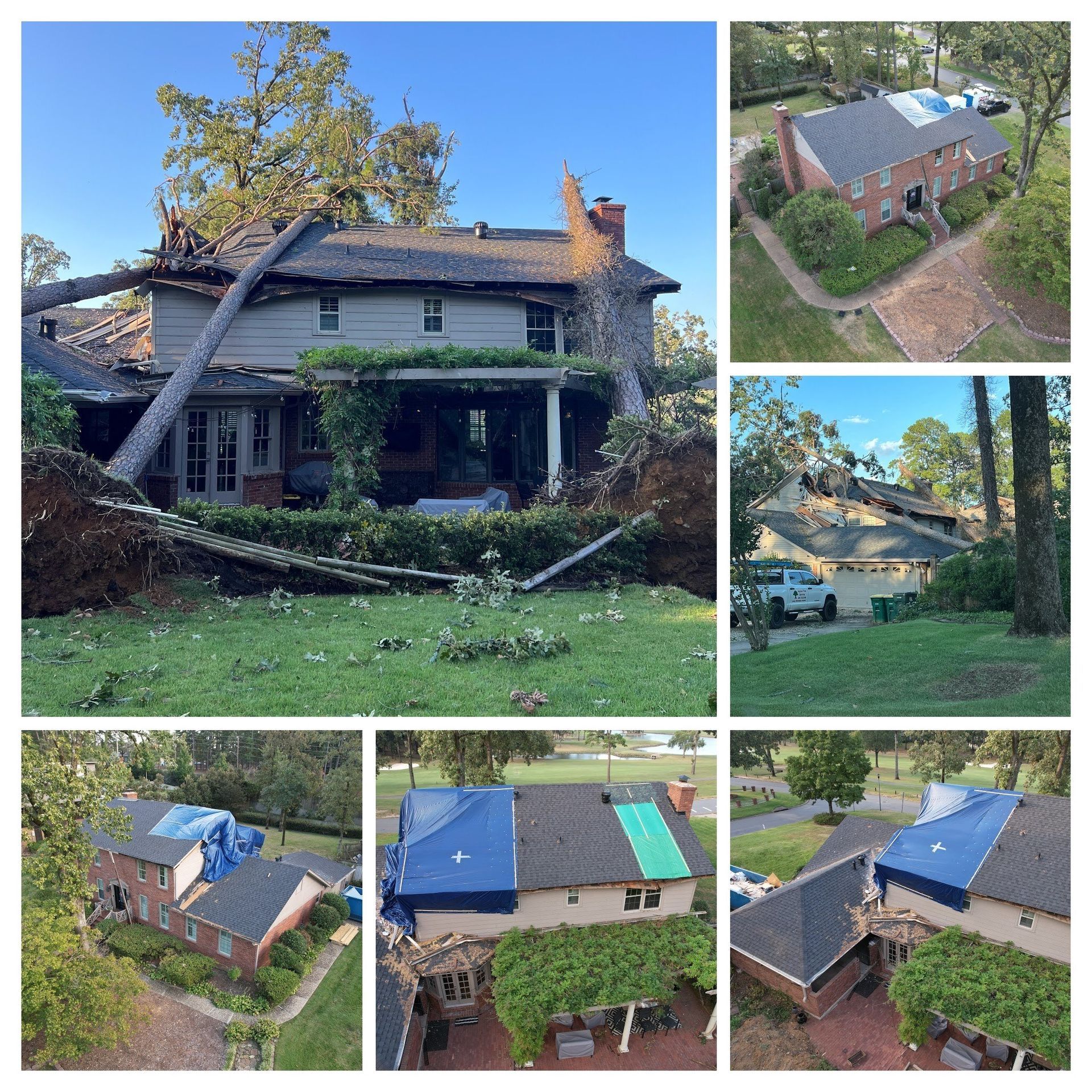 Damaged house with fallen tree on roof, shown in several exterior views from ground and aerial angles