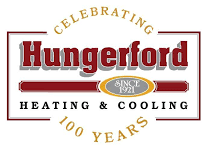 Hungerford Heating & Cooling logo celebrating 100 years. Maroon and white with text and an oval 