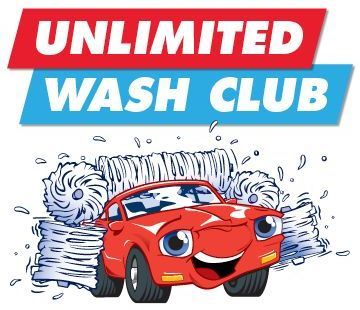 Red car being washed at a car wash, smiling with blue and red