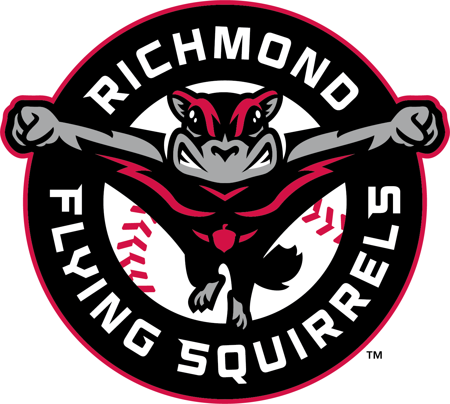 Flying Squirrels logo: red and black text on white outline.