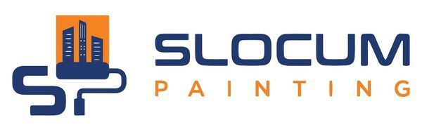 Logo for Slocum Painting with buildings, paint roller, and text in blue and orange.