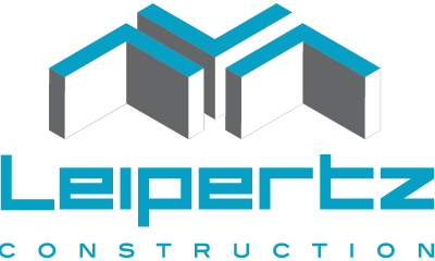 Logo for Leipertz Construction: Blue and gray geometric roof shapes above the company name in teal.