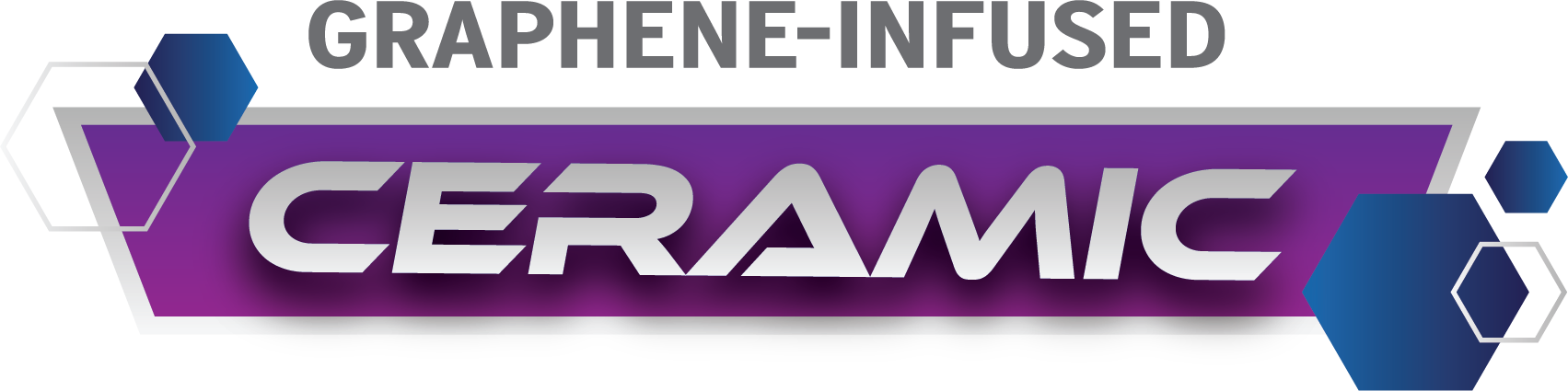 Graphene-infused ceramic logo with purple banner and blue geometric accents.