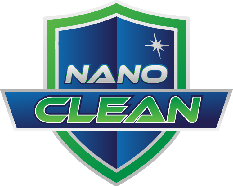 Logo for Nano Clean featuring a blue and green shield, the words