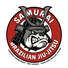 Circular logo for Samurai Brazilian Jiu-Jitsu featuring a snarling bulldog in a samurai helmet on a red background.