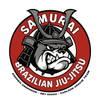 Circular logo for Samurai Brazilian Jiu-Jitsu featuring a snarling bulldog in a samurai helmet on a red background.
