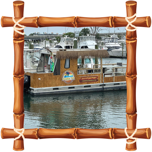 Boat docked at marina, framed by a bamboo border, with water and moored yachts in the background.