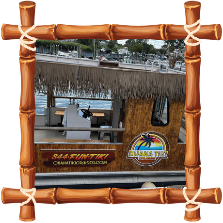 Rustic tiki-style hut kiosk with thatched roof and wooden frame, framed by bamboo border