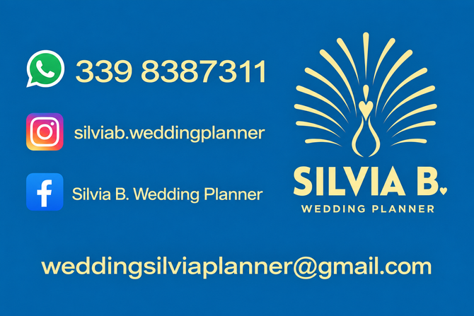 Biglietto da visita blu per una wedding planner, con telefono, Instagram, Facebook, email e logo/testo dorati per Silvia B. Wedding Planner