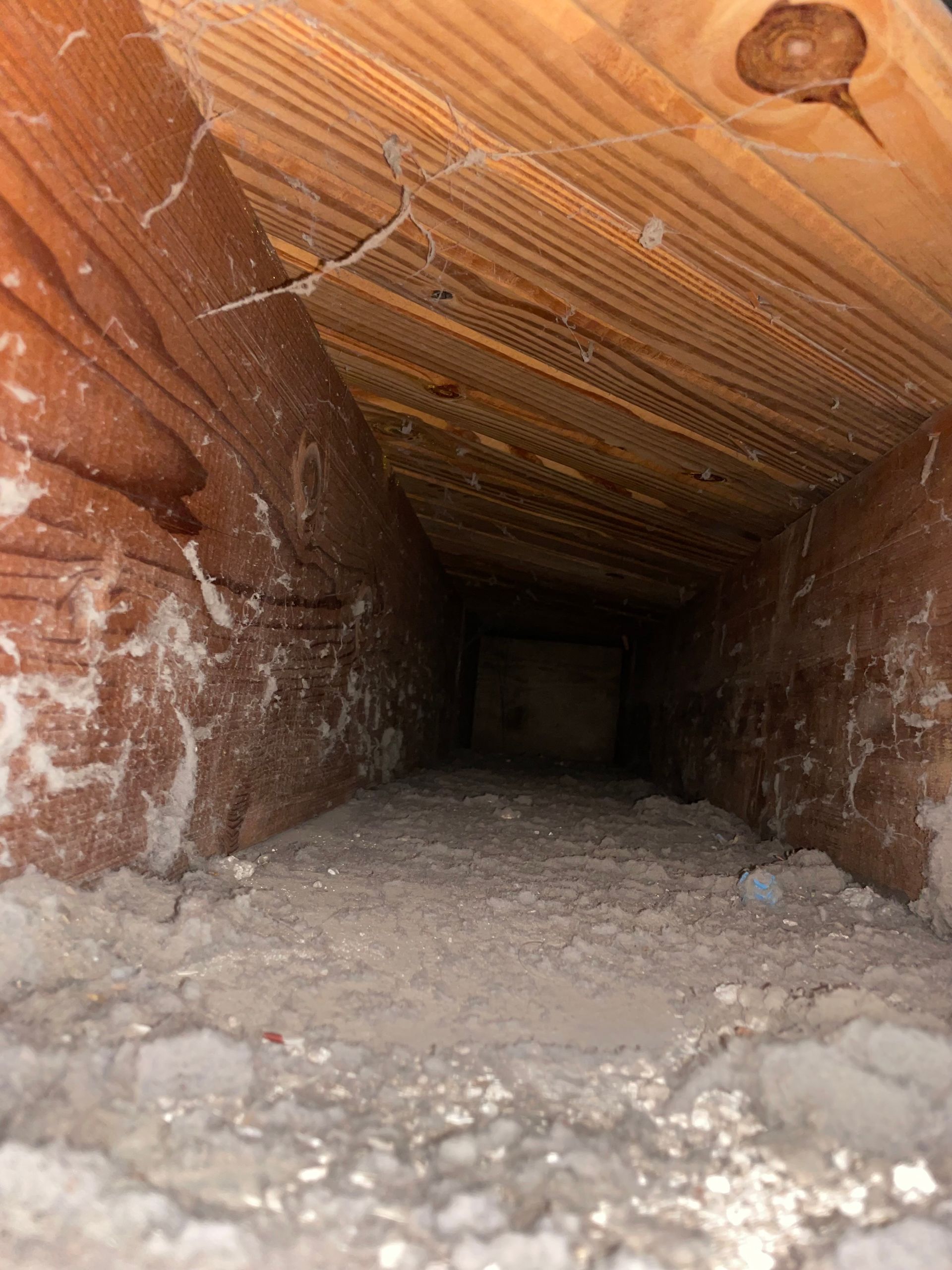 Narrow crawlspace with dirt floor and rough reddish walls, viewed toward a dark square opening.