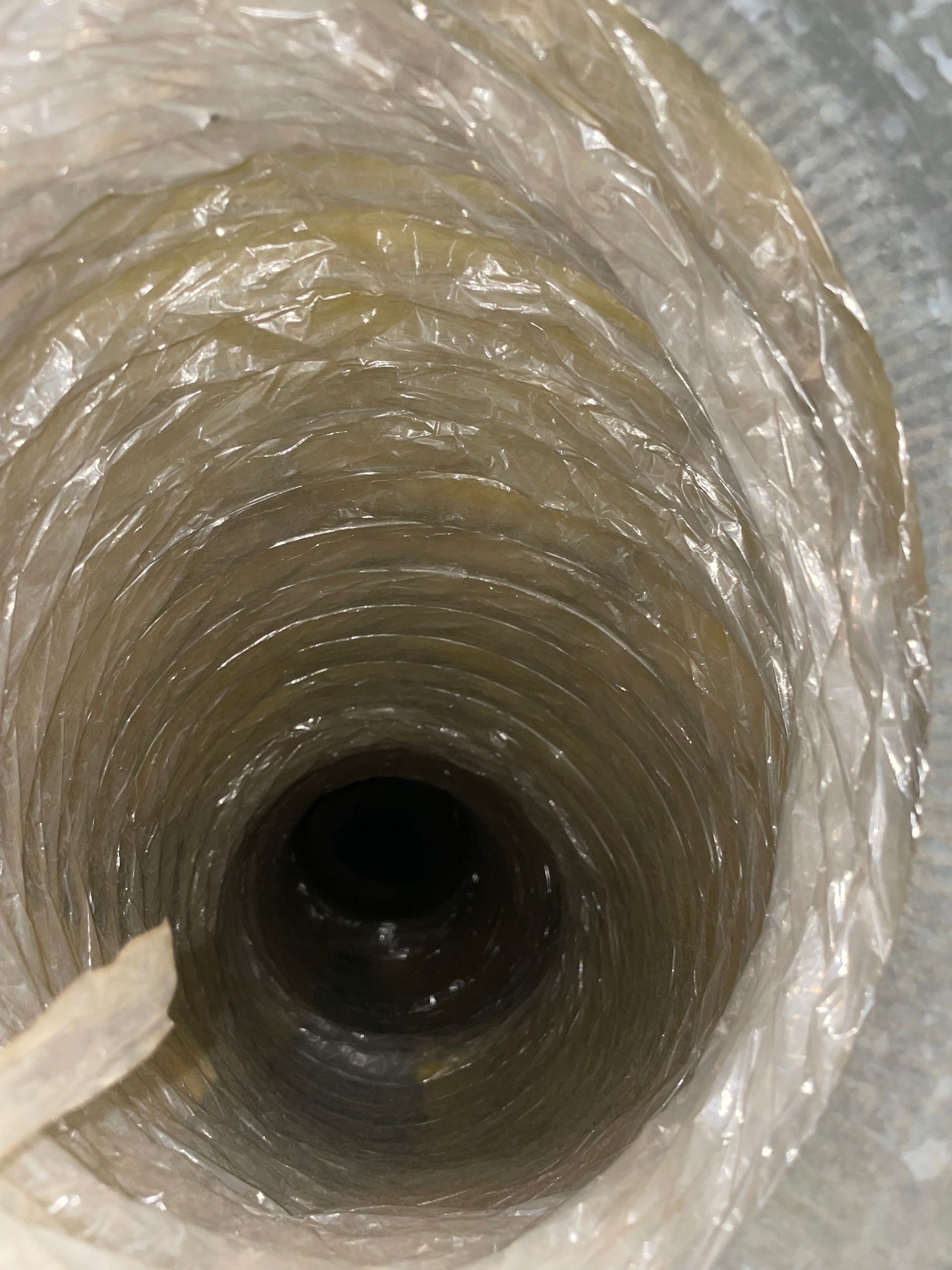 Inside a translucent corrugated tube, looking down into a dark circular opening