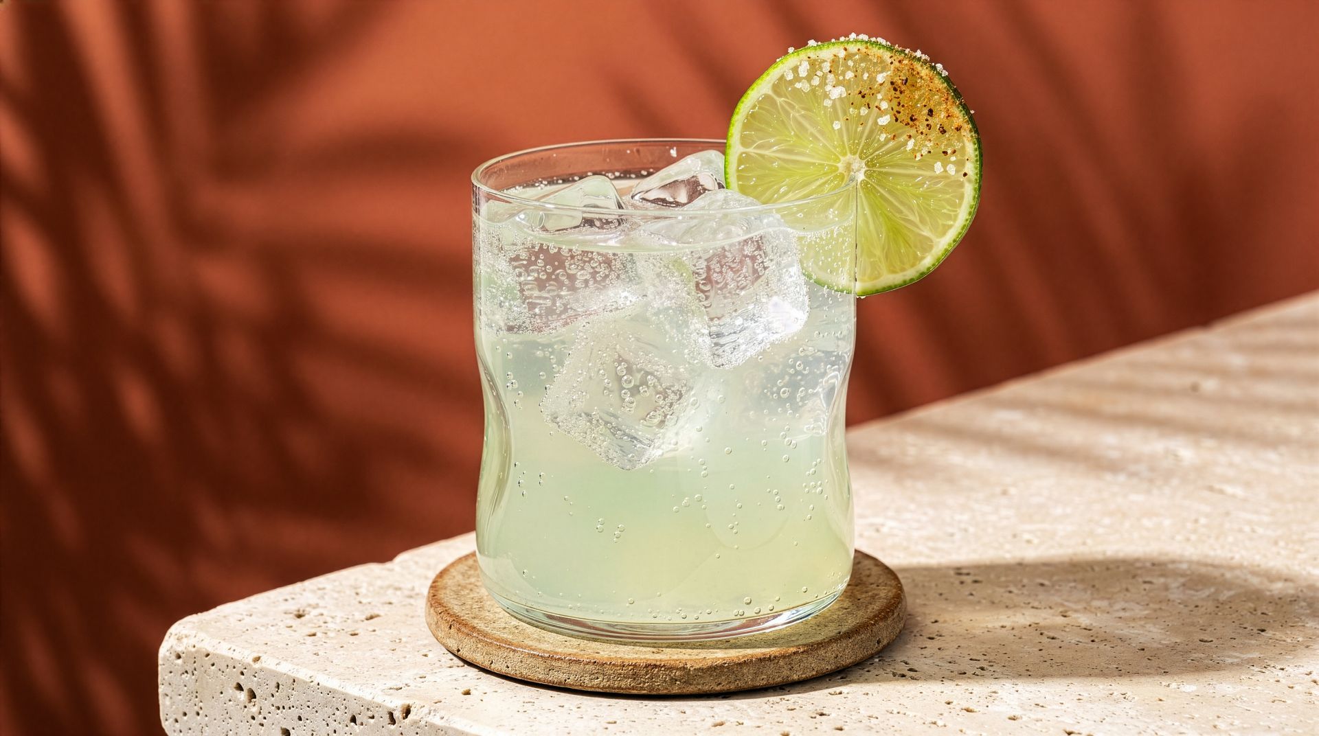 Iced lime cocktail in a glass with a lime slice on a stone table against a warm orange backdrop