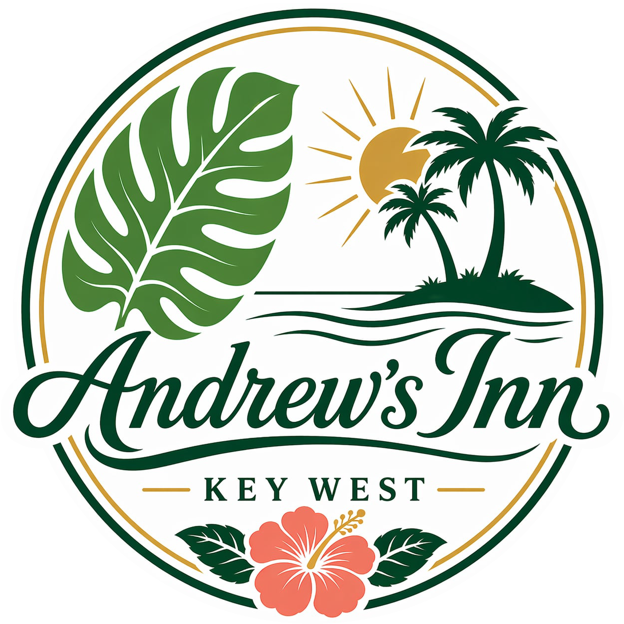 Andrew’s Inn Key West logo with green palm leaf, palms, sun, waves, and pink hibiscus