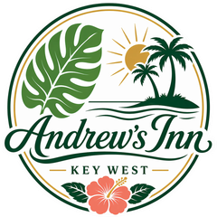 Andrew’s Inn Key West logo with green palm leaf, palms, sun, waves, and pink hibiscus